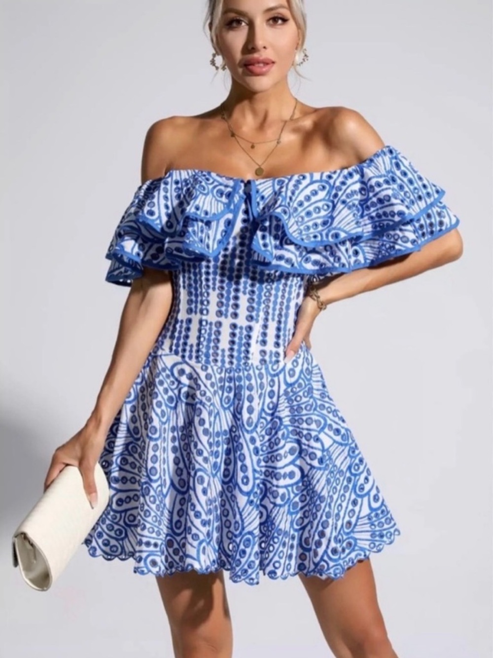Dalia Macphee Blue White Eyelet Off the Shoulder Mini Dress Size S